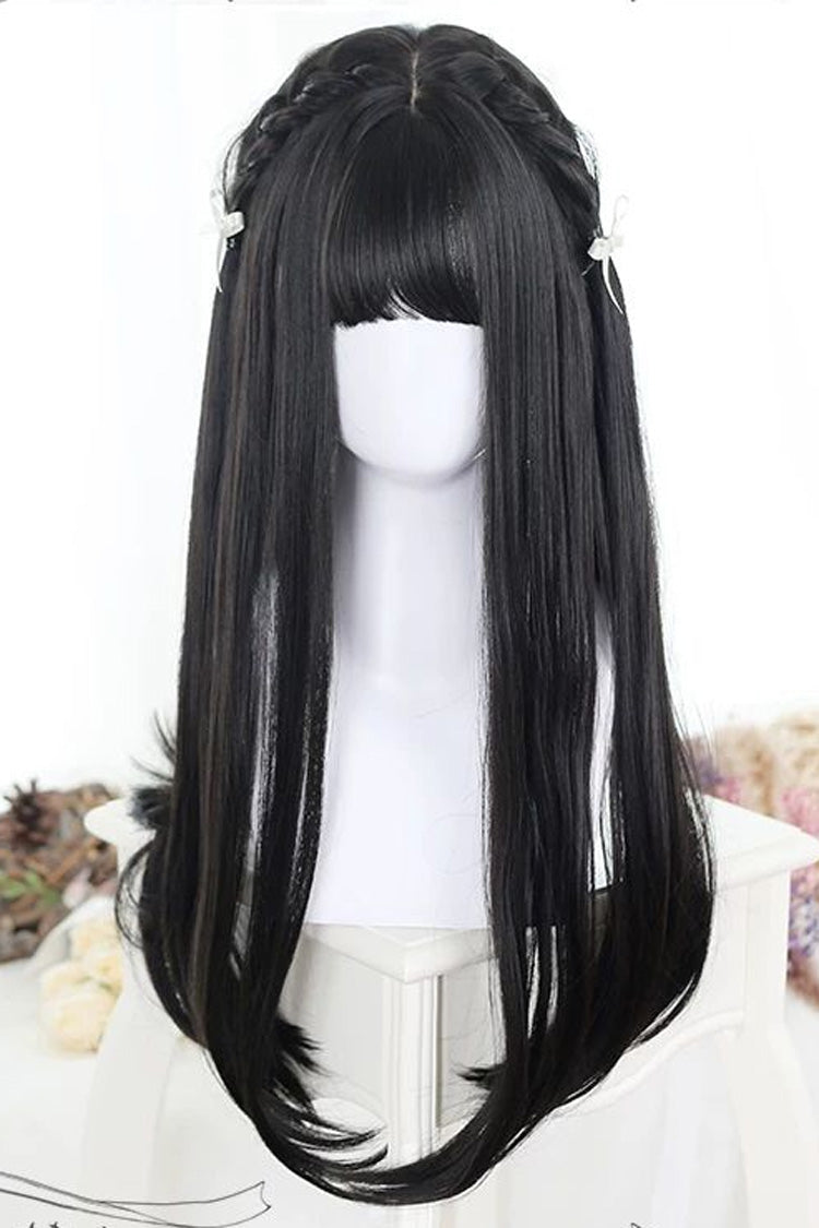 Natural Black Wispy Bangs Long Straight Sweet Daily Lolita Wig - Natural-Black - 1