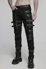 Black Stitching Mesh Buckle Straps Studded Men's Punk Pants - Product - 2