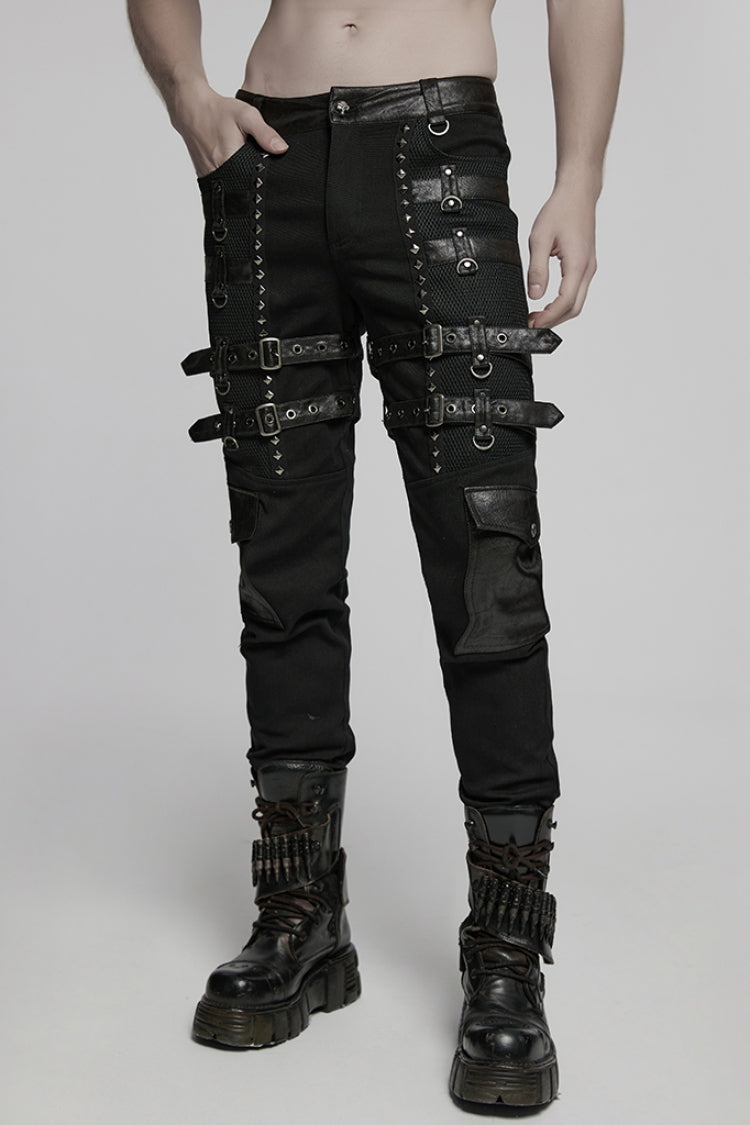 Black Stitching Mesh Buckle Straps Studded Men's Punk Pants - Product - 2
