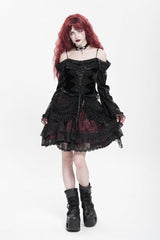 Black/Red Multi-Layered Ruffle Buckle Straps Women's Gothic Skirt - Product - 5