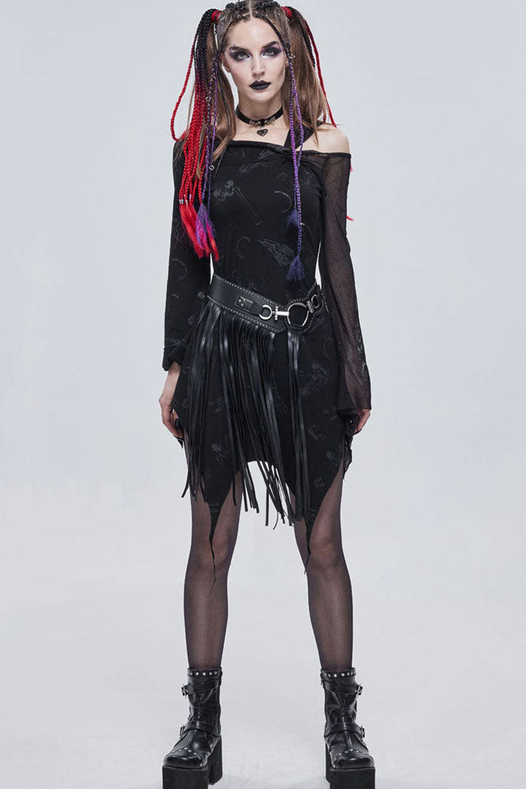 Black Gothic Off-The-Shoulder Graphic-Print Asymmetric Design Splicing Mesh Women's Dress - Product - 4
