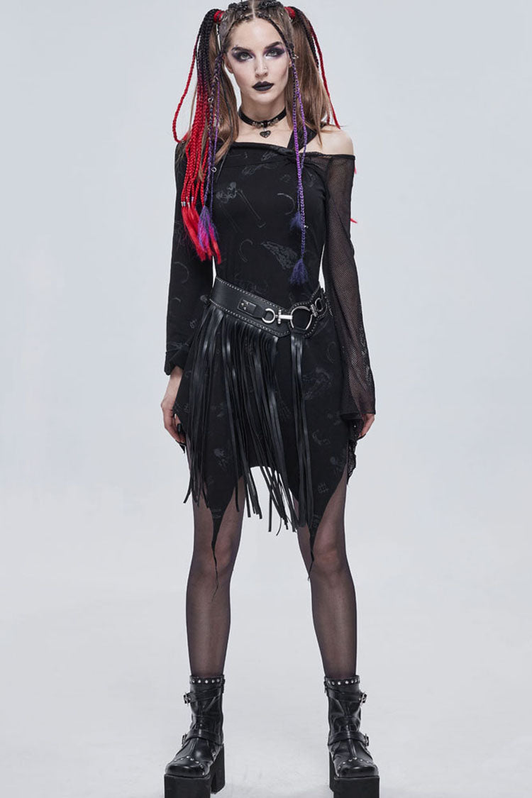 Black Gothic Off-The-Shoulder Graphic-Print Asymmetric Design Splicing Mesh Women's Dress - Product - 4