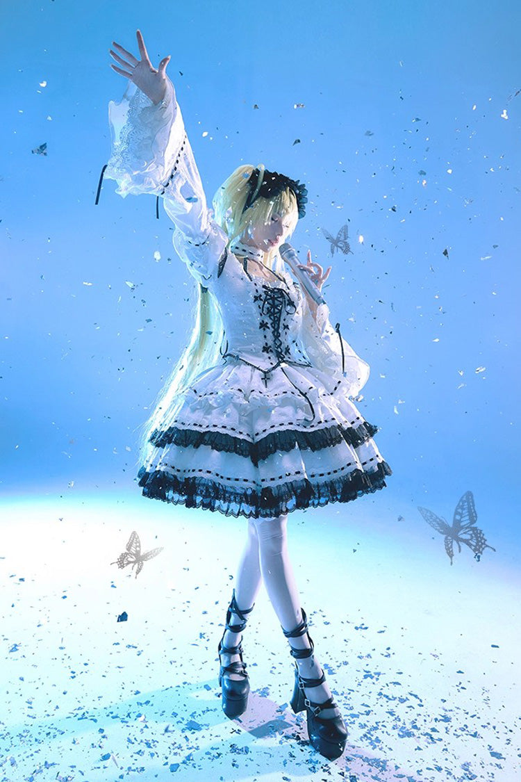 White [Witch] Long Trumpet Sleeves Double-Layered Ruffle Bowknot Lace-Up Gothic Lolita Skirt Dress Set - Product - 5