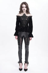Black Off Shoulder Hollow Embroidery Women's Gothic Blouse - Product - 3