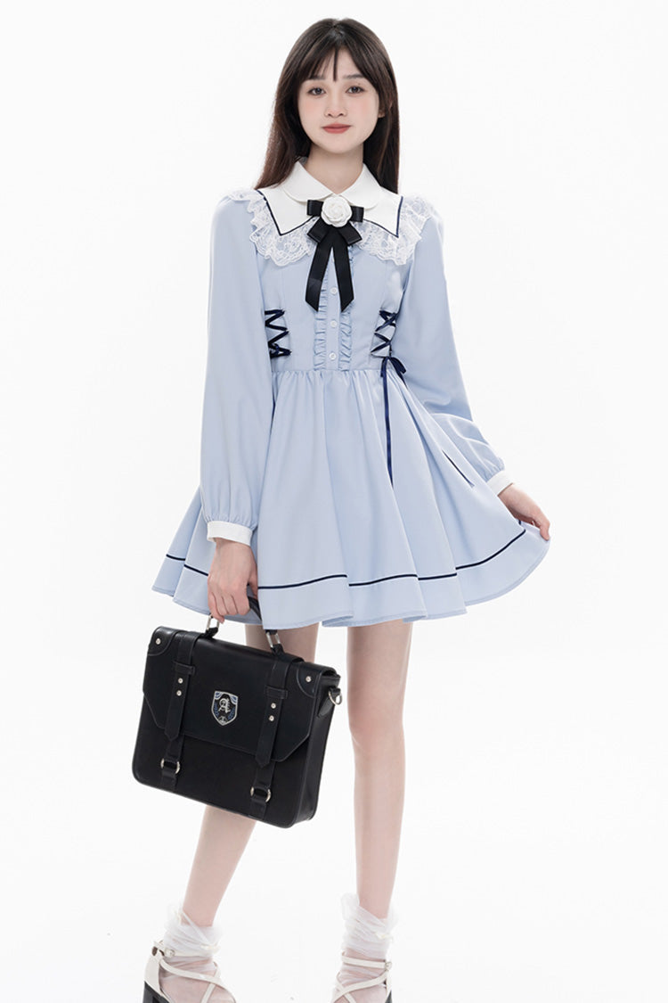 Blue Lapel Collar Long Sleeves Bowknot Lace-Up Jirai Kei Dress - Product - 2
