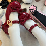 Cute Cat Element Round-Toe Bow Mary Jane Shoes with Cat Paw Heels 7 Colors - Red - 1