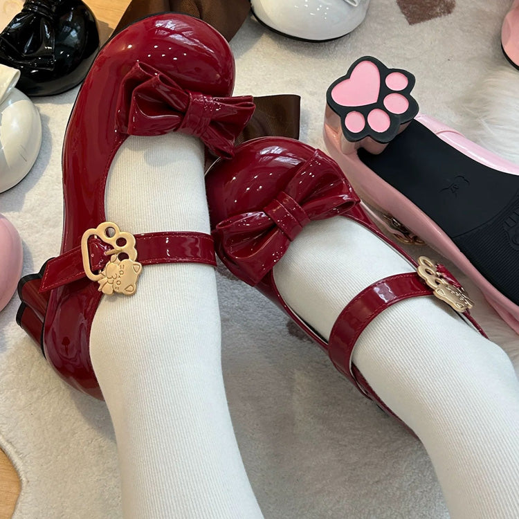 Cute Cat Element Round-Toe Bow Mary Jane Shoes with Cat Paw Heels 7 Colors - Red - 1