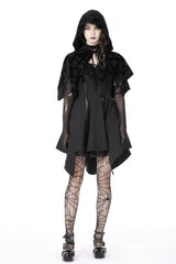 Black Skull Printed Front Lace-Up Women's Gothic Velvet Cape with Hood - Product - 8