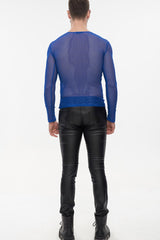 Blue Gothic Elasticity High Neck Long Sleeve Mesh Men's Shirt - Product - 6