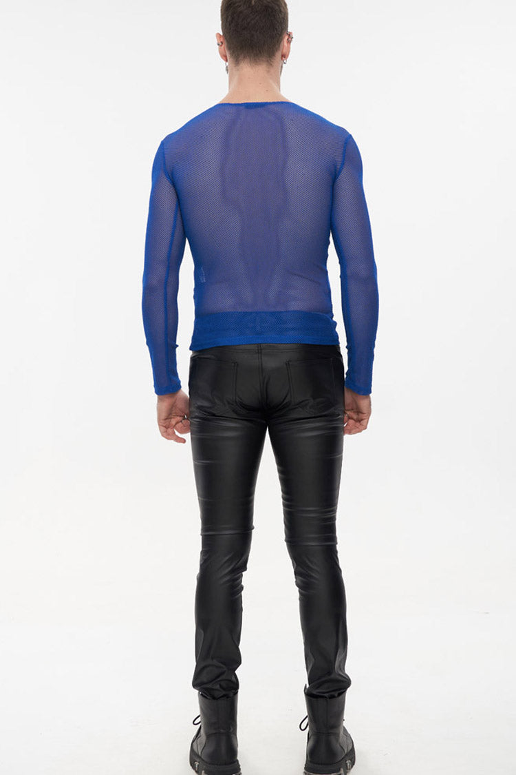 Blue Gothic Elasticity High Neck Long Sleeve Mesh Men's Shirt - Product - 6