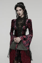 Black/Red Long Trumpet Sleeves Spliced Lace Lace-Up Women's Gothic Blouse - Product - 2