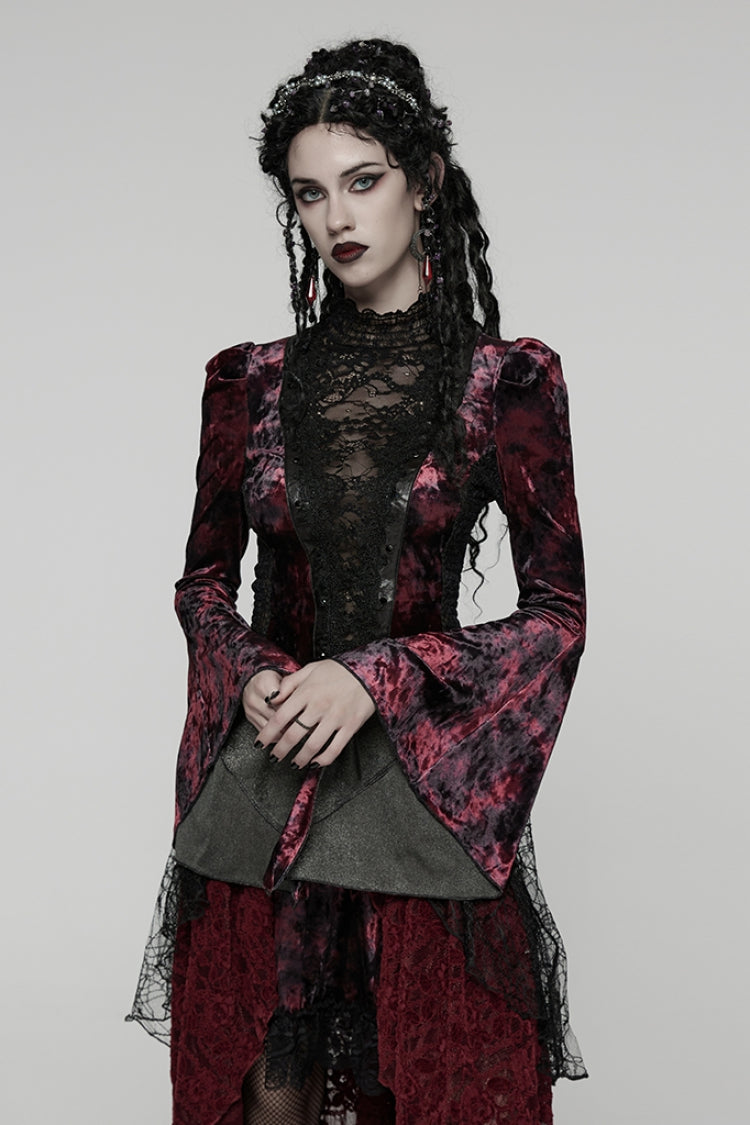 Black/Red Long Trumpet Sleeves Spliced Lace Lace-Up Women's Gothic Blouse - Product - 2