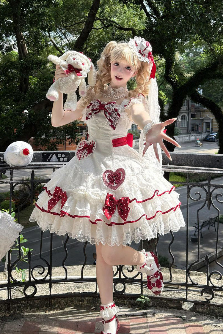 White [Polka-Dot Love Letter] Sleeveless Double-Layered Bowknot Lace Pearl Sweet Lolita Jsk Dress - Product - 4