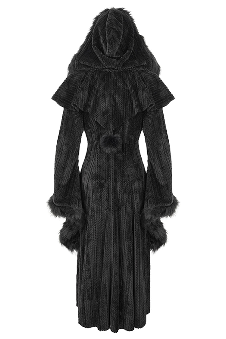 Black Flared Sleeved Fluffy Long Women's Gothic Coat With Hood - Product - 9