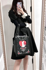 Black [Rose Thorns] Cut-Out Embroidered Chain-Decorated Gothic Lolita Itabag - Product - 6