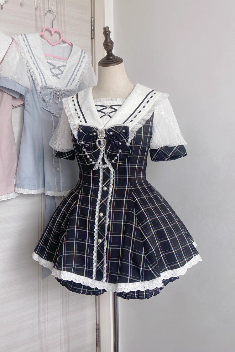 Sweet Short Sleeves Print Bowknot Jirai Kei Japanese Dress Set 3 Colors - Product - 9
