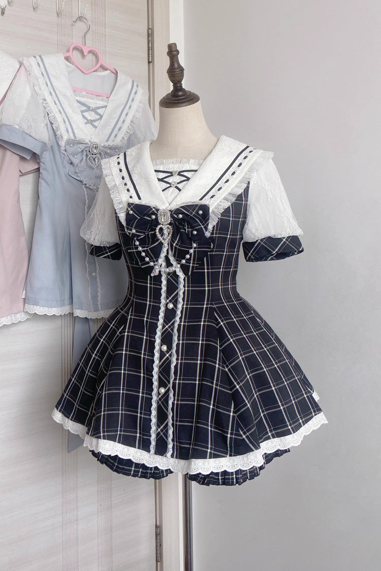 Sweet Short Sleeves Print Bowknot Jirai Kei Japanese Dress Set 3 Colors - Product - 9