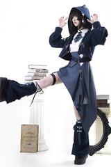 Blue [Indigo Shadow Journey] Stand Collar Long Sleeves Embroidered Hooded Asymmetric Punk Ouji Lolita Dress Four-Piece Set - Product - 2
