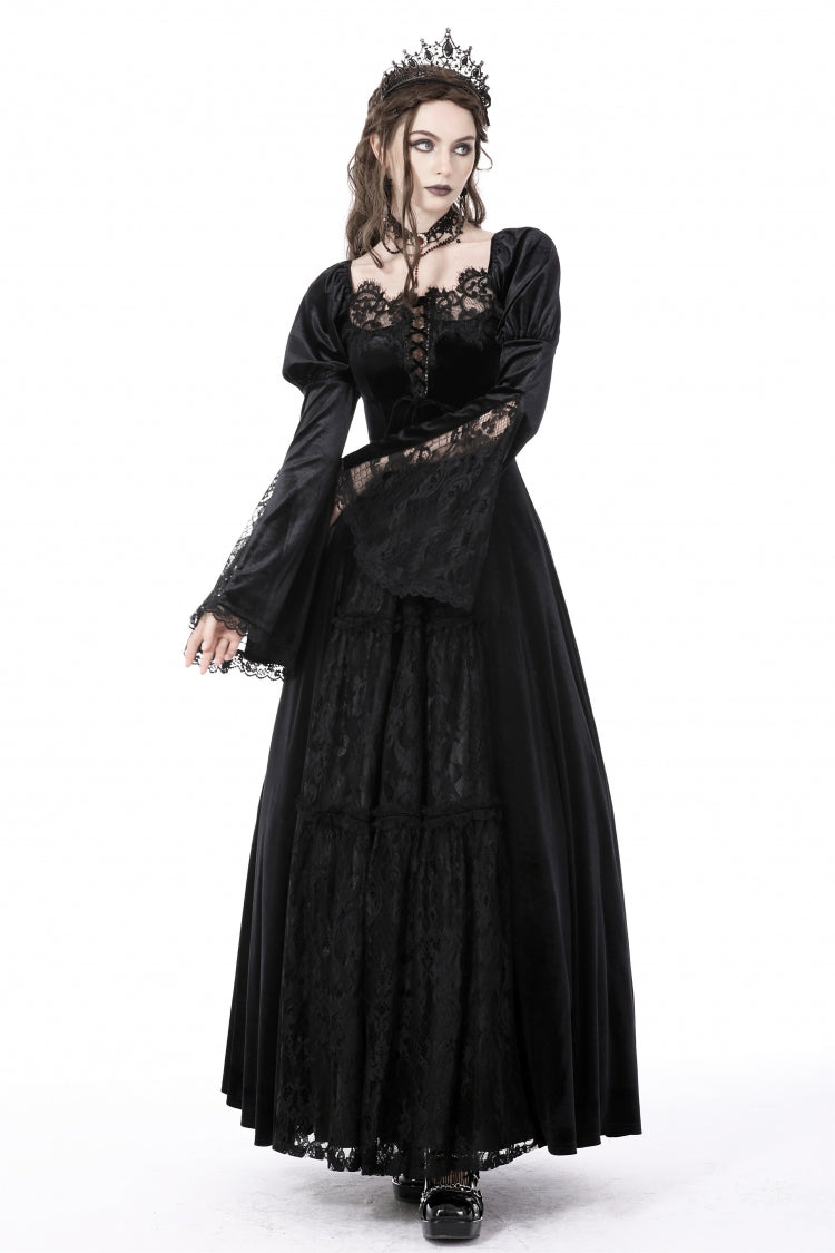 Black Long Puff Sleeves Spliced Lace Lace-Up Women's Gothic Vintage Velvet Wedding Dress - Product - 10