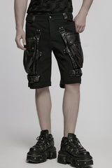 Black Big-pocket Faux Leather Stitching Men's Punk Shorts - Black - 1