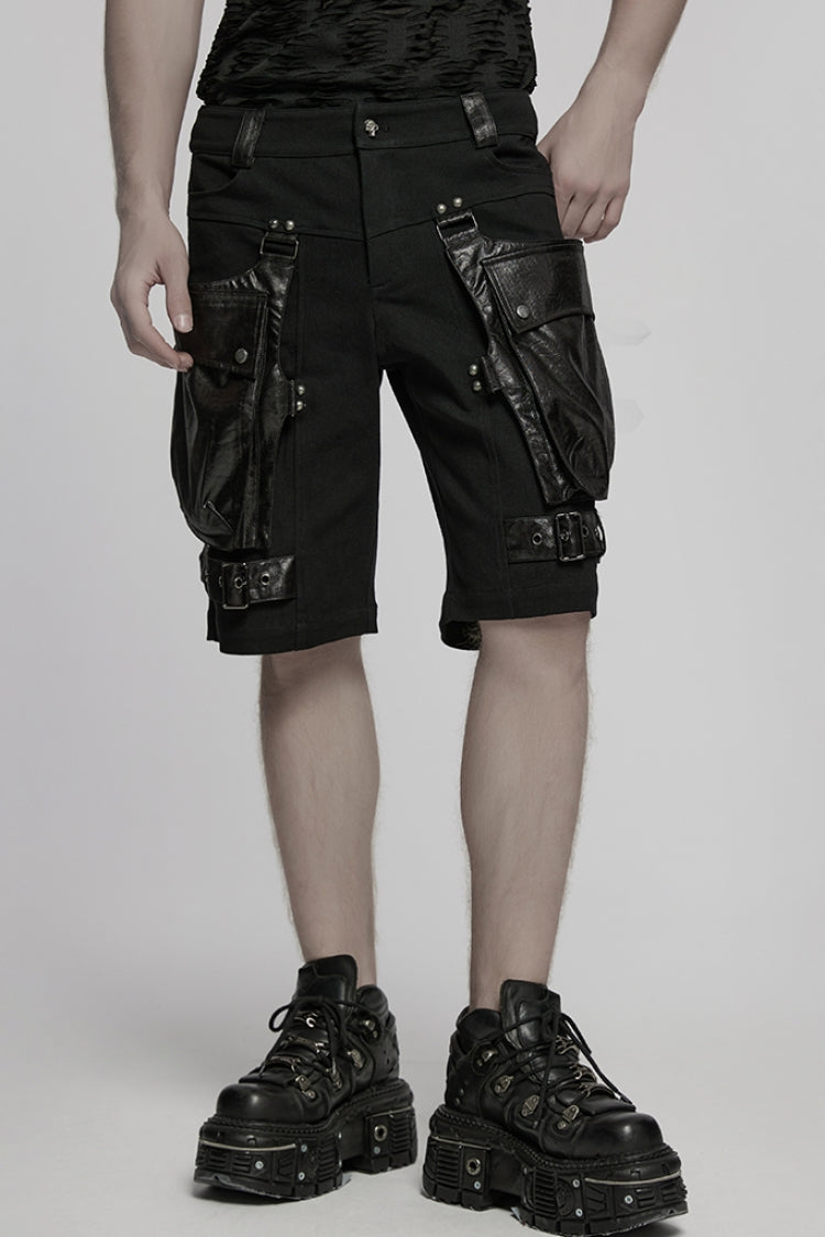 Black Big-pocket Faux Leather Stitching Men's Punk Shorts - Black - 1