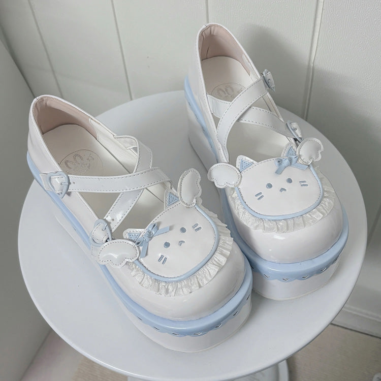 Cat Design Ruffled Cross Strap Round-Toe Daily Sweet Lolita Platform Shoes 4 Colors - Blue/White - 4