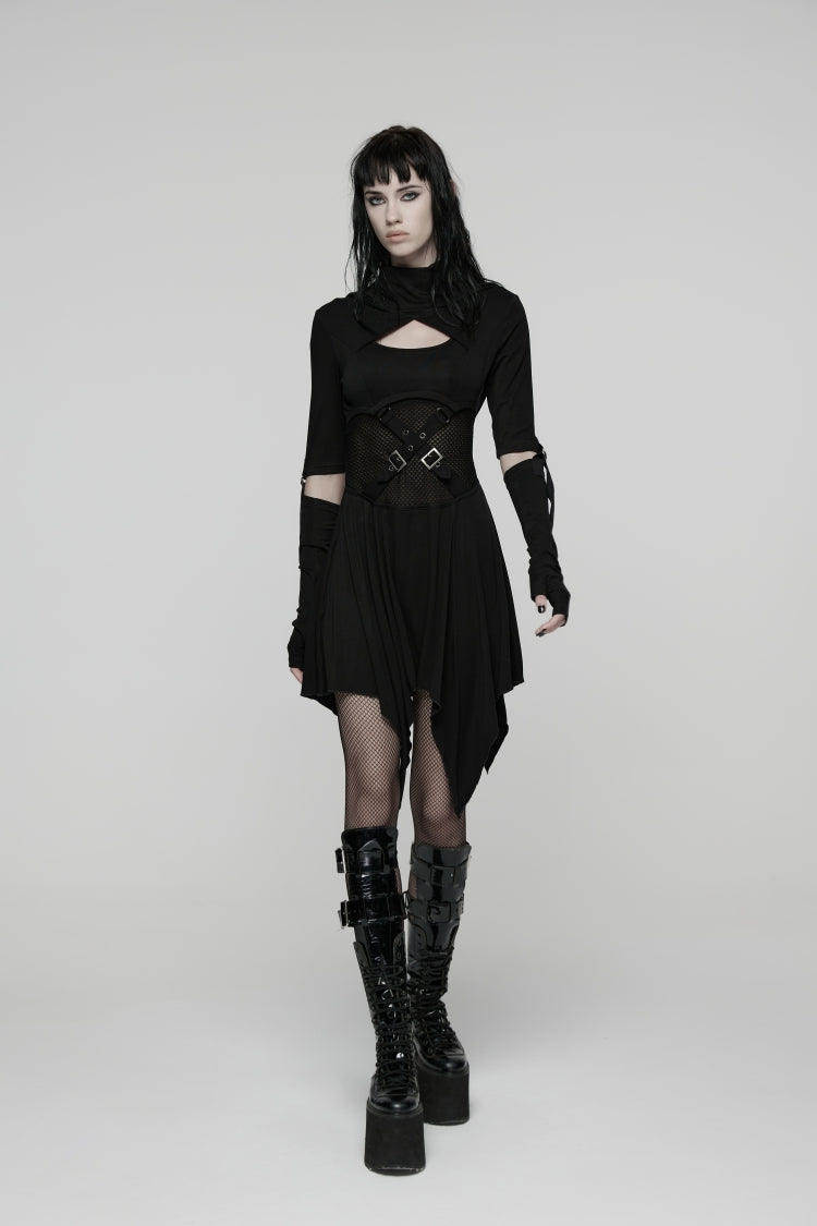 Black Long Sleeves Cut-Out Patchwork Lace-Up Slim Fit Hooded Women's Punk Dress - Product - 2