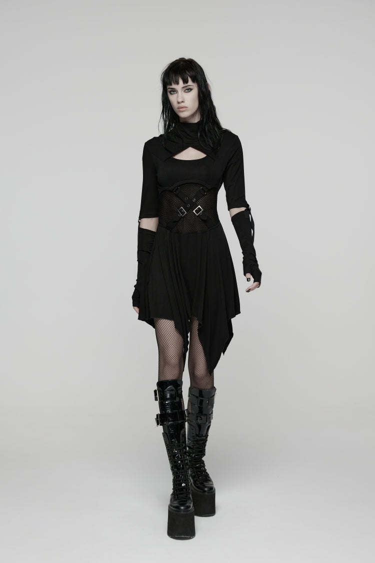 Black Long Sleeves Cut-Out Patchwork Lace-Up Slim Fit Hooded Women's Punk Dress - Product - 2