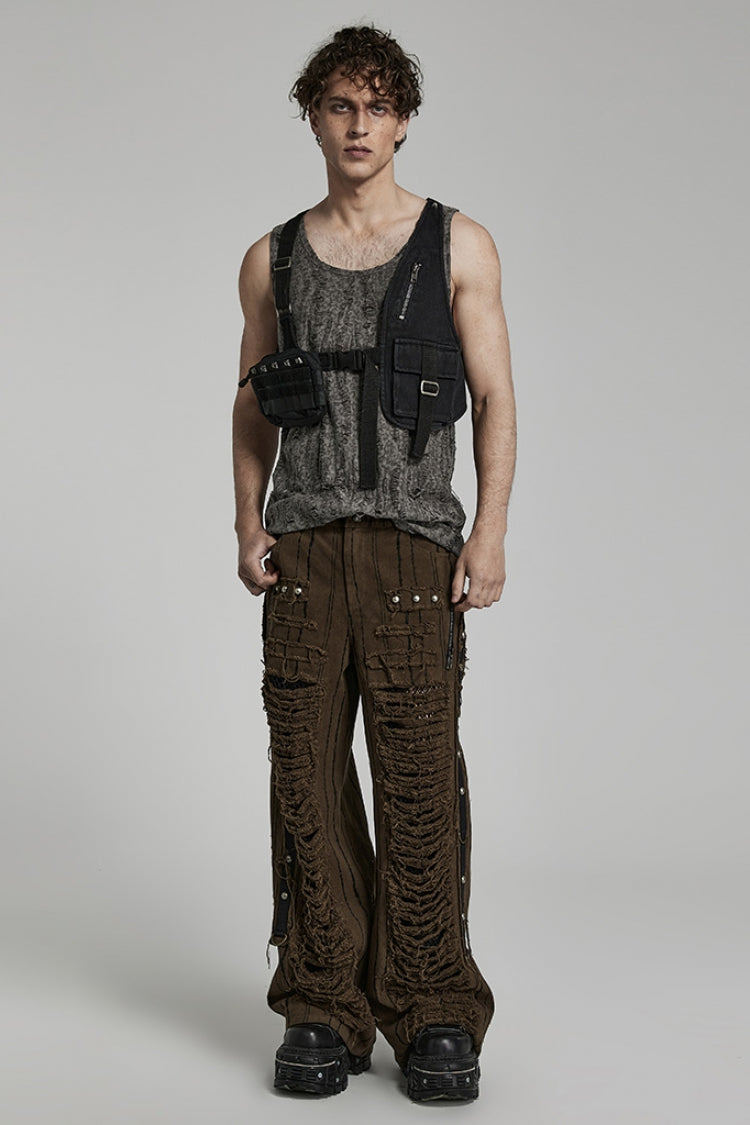 Metal Rivet Decoration Stitching Mesh Ripped Men's Steampunk Straight Pants 2 Colors - Product - 12