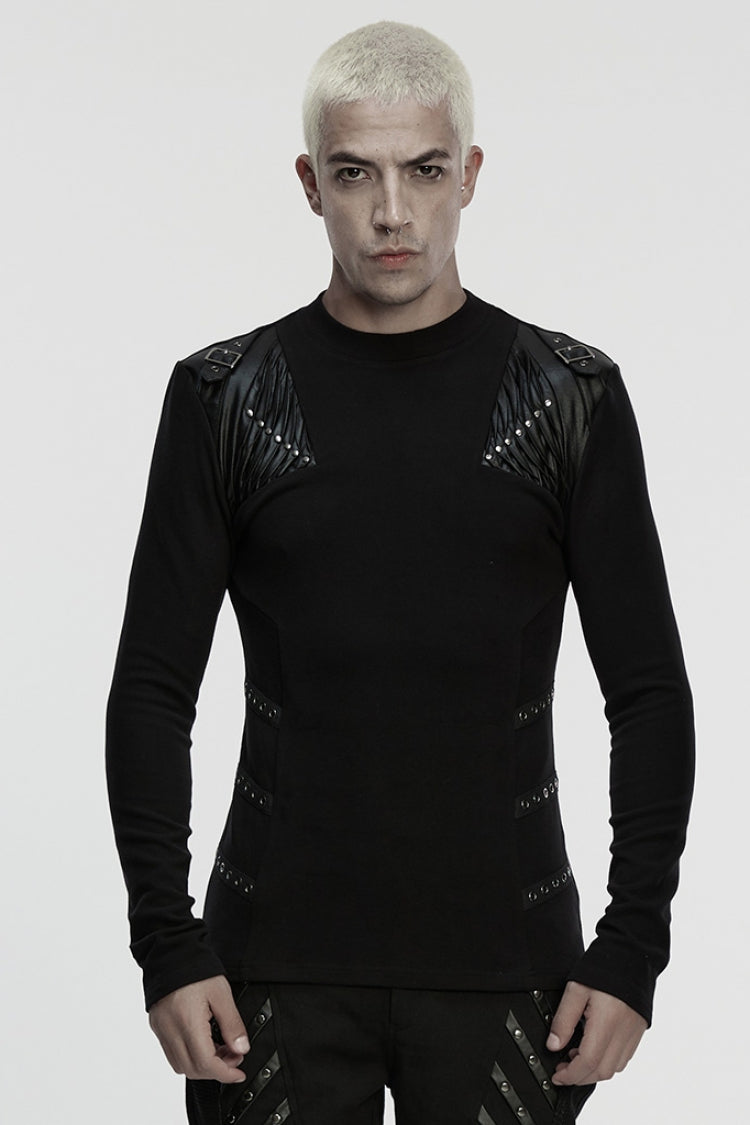 Black Round Collar Long Sleeves Buckled Strappy Pleated Eyelet Men's Punk Top - Black - 1