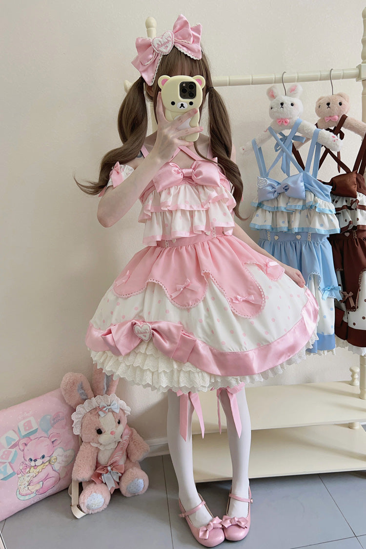 Pink Cream Multi-Layered Polka Dots Print Ruffle Bowknot Sweet Lolita Jsk Dress - Product - 7