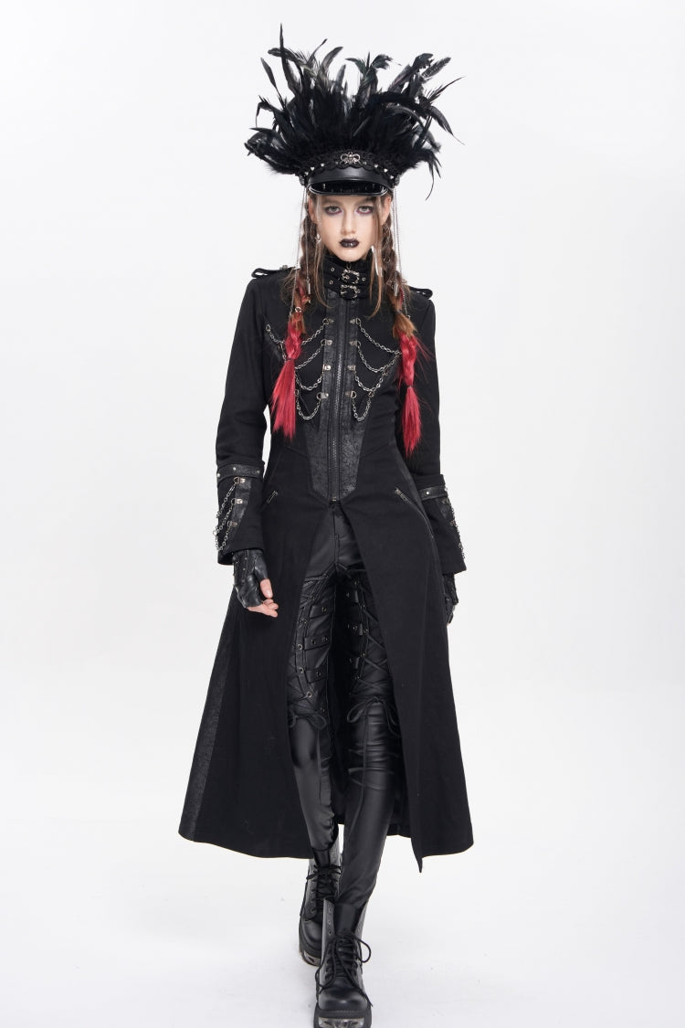 Black Stand Collar Long Sleeves Buckle Chain Women's Punk Jacket - Product - 6
