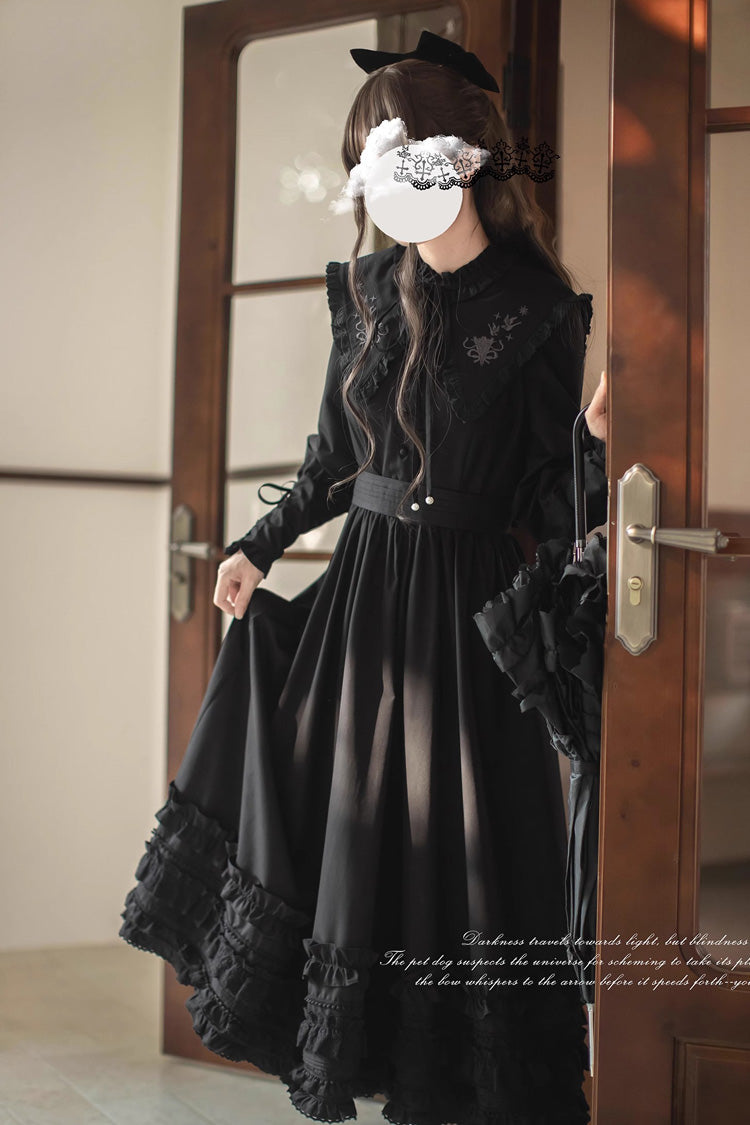 Black [Wind Kissed Tulips] Long Sleeves Ruffle Embroidery Bowknot Gothic Vintage Elegant Lolita Dress - Product - 4