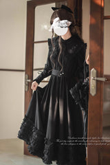 Black [Wind Kissed Tulips] Long Sleeves Ruffle Embroidery Bowknot Gothic Vintage Elegant Lolita Dress - Product - 4
