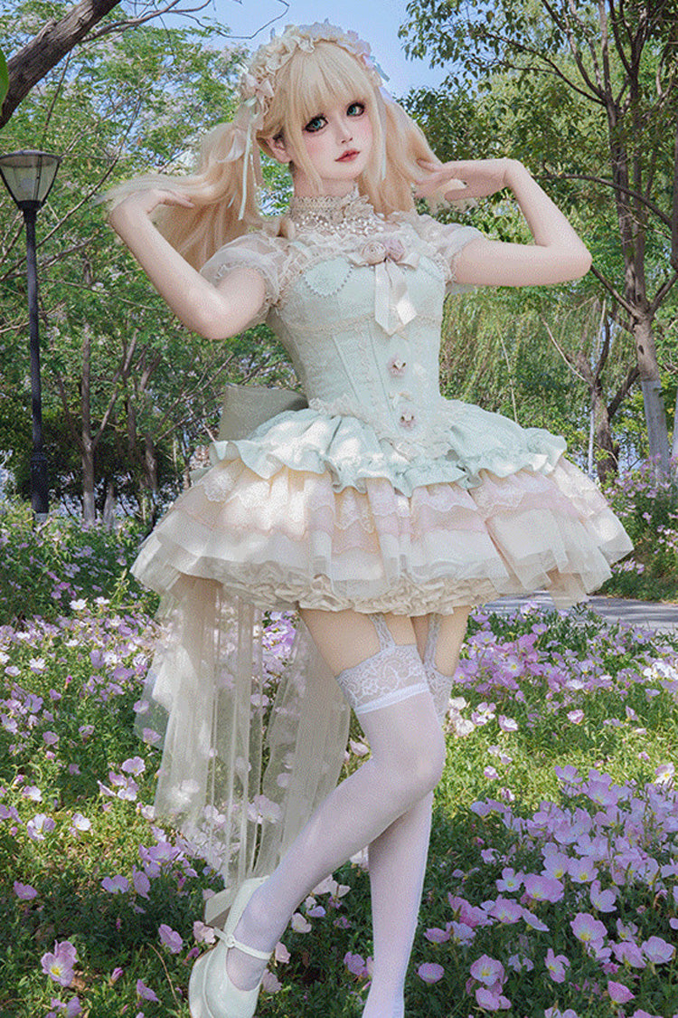Green Sleeveless Multi-Layered Ruffle Bowknot Lace Lace-Up Sweet Princess Lolita Jsk Dress - Product - 5