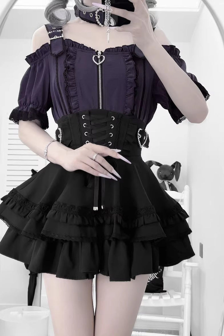 Jirai Kei [Heartbeat Buffy] Stand Collar Sleeveless Triple-Layered Ruffled Lace-Up Zippered Sweet Japanese Skirt and Blouse detail view 9