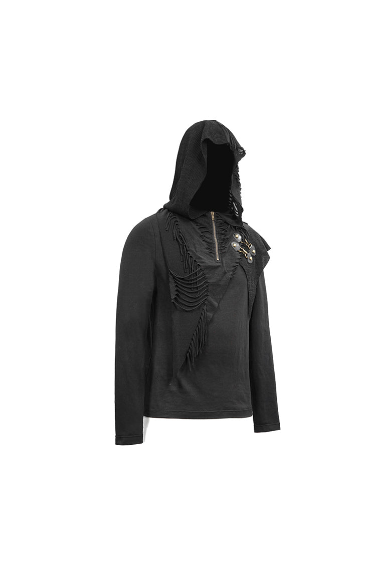 Black Long Sleeves Asymmetric Tatters Strip Leather Metal Loop Hooded Men's Punk T-Shirt - Product - 7