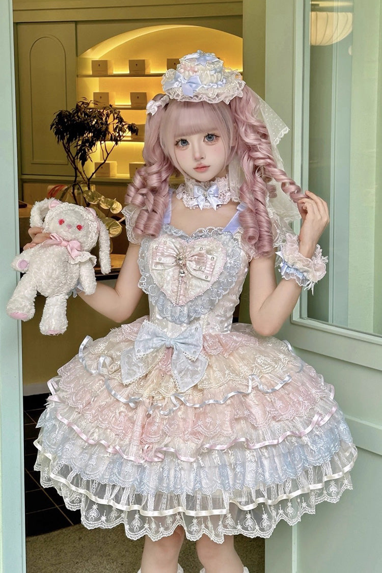 Rainbow Colors [Ballad of Feathers] Sleeveless Multi-Layered Ruffle Hanayome Bowknot Sweet Lolita Jsk Dress - Rainbow Colors - 1