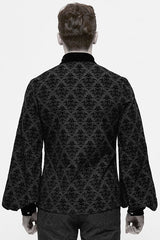 Black Court Pattern Flocking Lantern Sleeves Mens Gothic Blouse - Product - 3