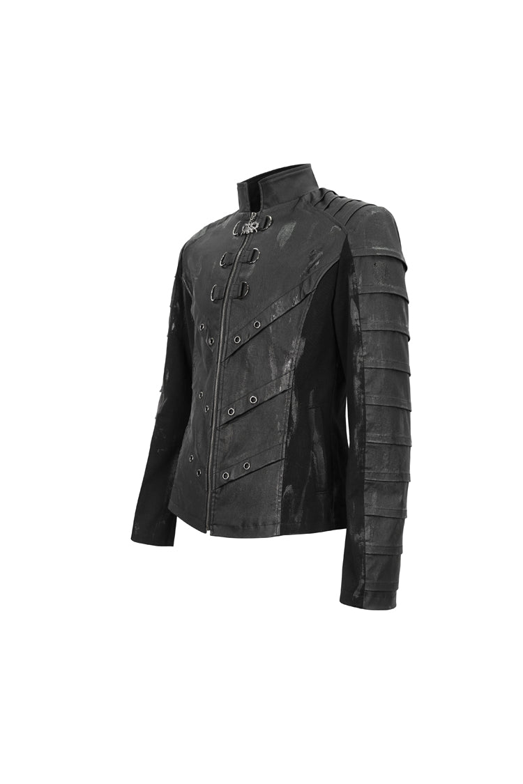 Black Stand Collar Stretch Faux Leather Twill Woven Men's Punk Jacket - Product - 6