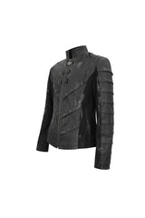 Black Stand Collar Stretch Faux Leather Twill Woven Men's Punk Jacket - Product - 6