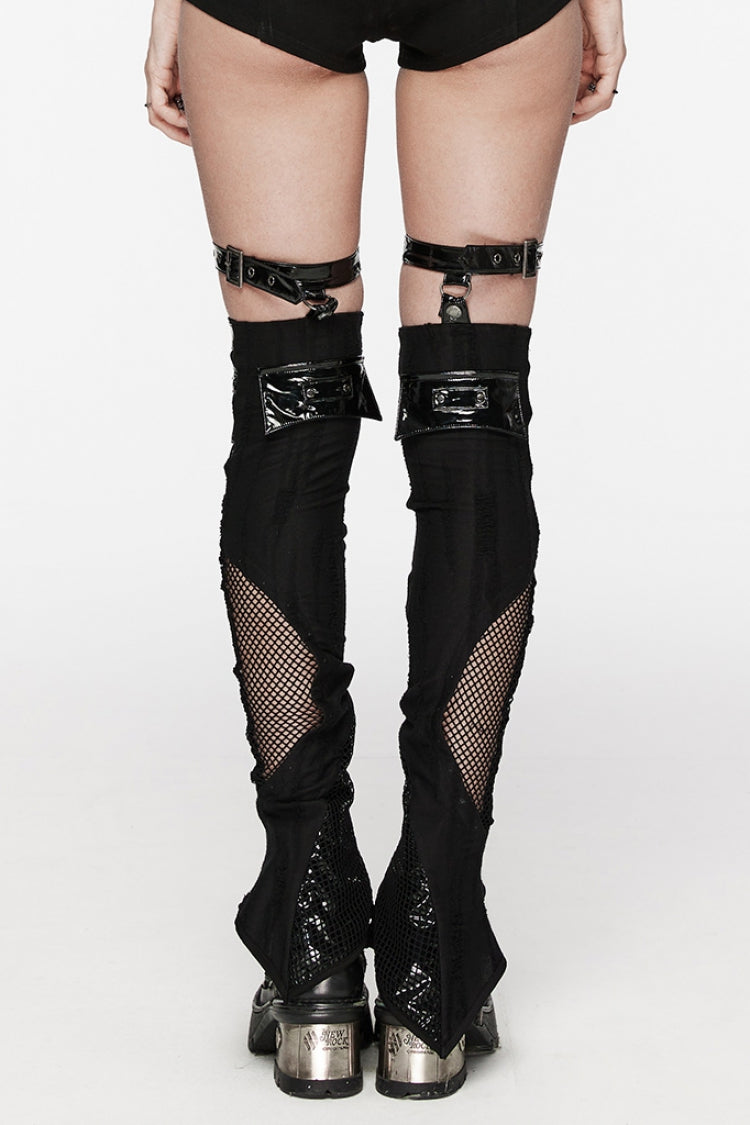 Black Stitching Irregular Mesh Buckle Women's Punk Leg Warmer with Garter - Product - 3