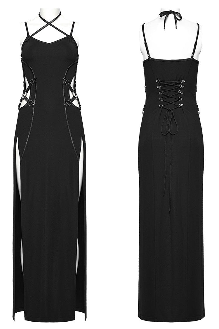 Black Halterneck Lace-Up Ripped Side Slit Women's Punk Dress - Product - 5