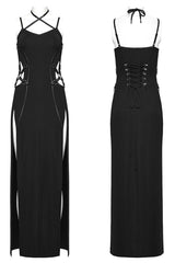 Black Halterneck Lace-Up Ripped Side Slit Women's Punk Dress - Product - 5