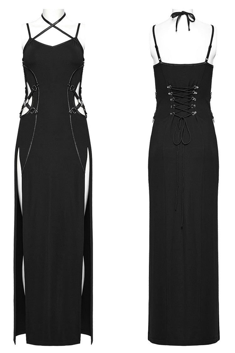 Black Halterneck Lace-Up Ripped Side Slit Women's Punk Dress - Product - 5