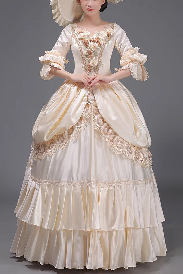 Champagne 3D Flower Decoration Multi-layer Ruffle Embroidery Cardigan Sweet Vintage Princess Victorian Dress - Champagne - 1