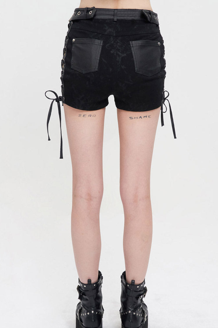Black Punk Adjustable Grommets On Both Sides Side Straps Hollow Out Women's Shorts - Product - 9