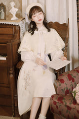 Beige Retro Stand Up Collar Ruffled Lantern Sleeves Butterfly Embroidery Classic Lolita OP Dress Full Set - Product - 5