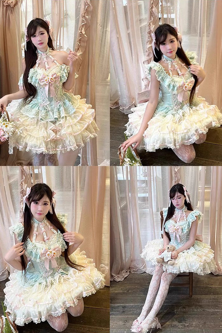 Green [Flower Language of Eros] Halterneck Multi-Layered Ruffle Bowknot Rose Lace Lace-Up Sweet Ballet Lolita Jsk Dress - Product - 9