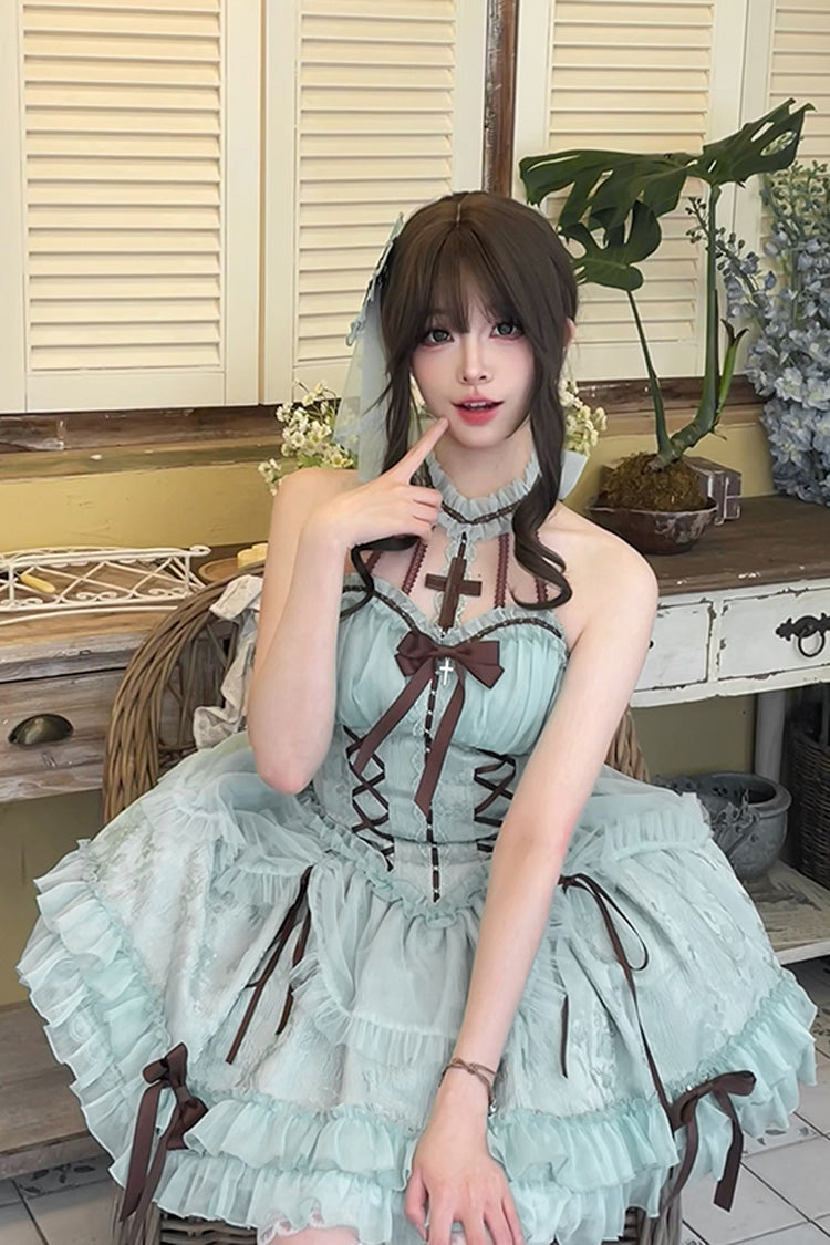 Mint Green Cross Halterneck Ruffle Bowknot Lace Lace-Up Princess Sweet Lolita Dress - Product - 5
